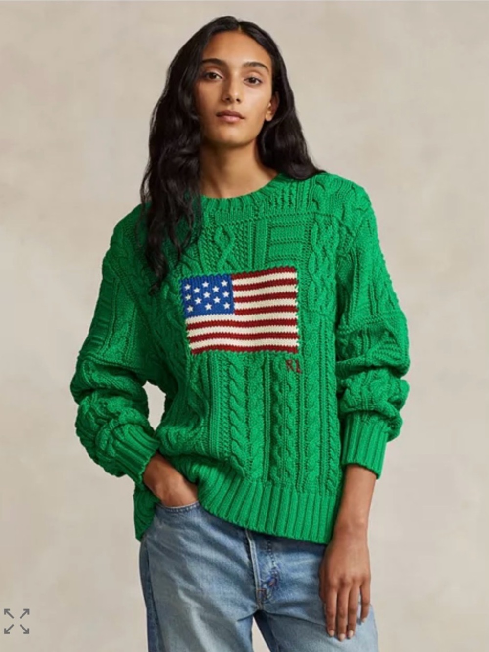 Polo by Ralph Lauren Green Cable-Knit Crewneck with Flag Motif - Picture 1 of 7